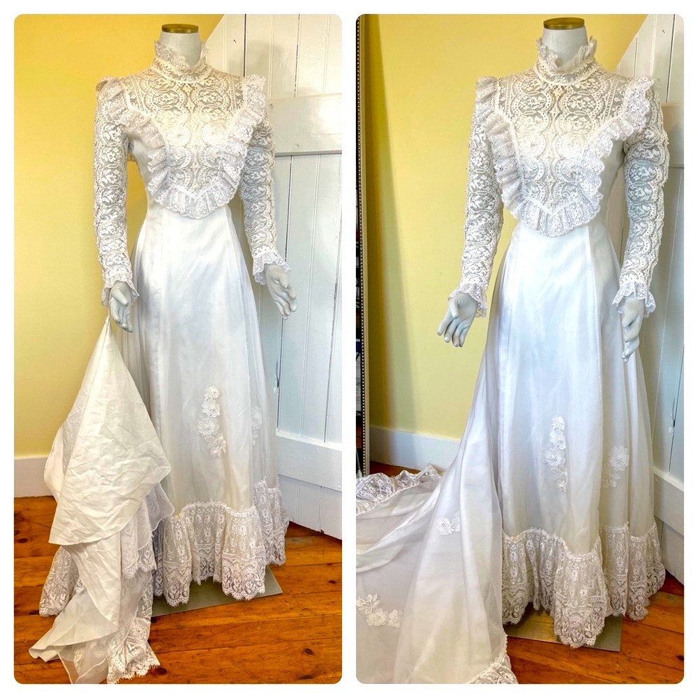 VINTAGE 1970s Wedding Dress: Full Train, Lace Trim, Pearl Embellished - Picture 4 of 17
